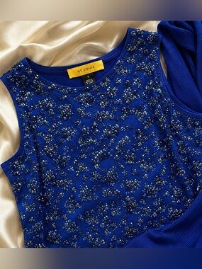 St. John Santana Knit Crystal Beaded Twinset Royal Blue Size S